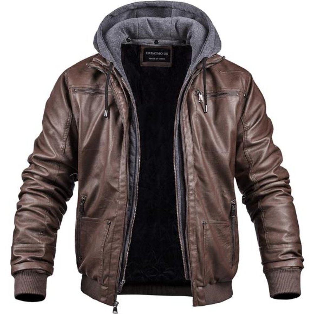 Men's‎ Faux Leather Jacket Motorcycle Waterproof Windproof Vintage Bomber Hoodie